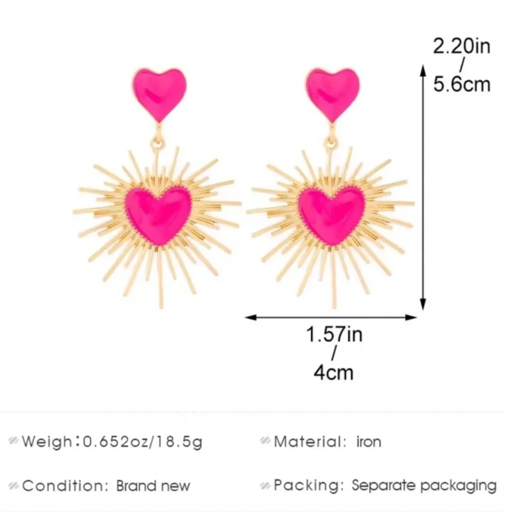 Pink Heart Burst Statement Earrings | Gold Sunray Dangle | Bold Retro Jewelry - Picture 4 of 6